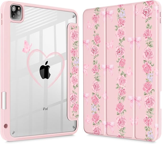 May Chen for iPad Pro 11 inch M2 4th Generation 2022 iPad Pro 11 3rd/2nd/1st Gen Built-in Pencil Holder with Shockproof Cover Clear Transparent Back Shell Auto Wake/Sleep Bow &amp Rose Flower
