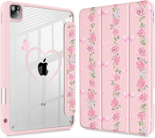 May Chen for iPad Pro 11 inch M2 4th Generation 2022 iPad Pro 11 3rd/2nd/1st Gen Built-in Pencil Holder with Shockproof Cover Clear Transparent Back Shell Auto Wake/Sleep Bow &amp Rose Flower