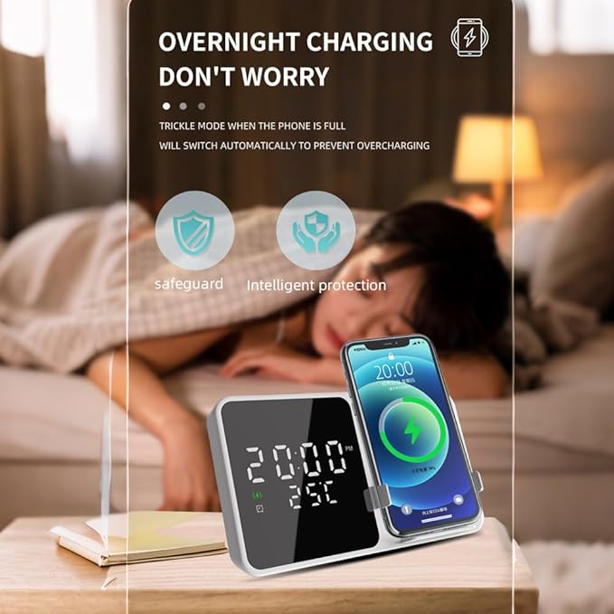 IHAO Multifunctional Alarm Clock with Wireless Charging for Phone 15W Fast Charger Large LED Display Temperature Phone Bracket for Bedside &amp Desk-W5 White