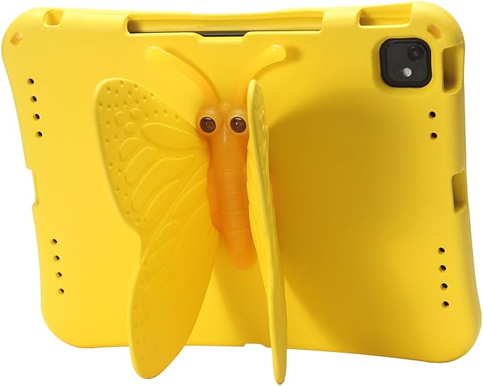 Butterfly Kids Case for iPad Air 13 Inch M3/M2 (2025/2024) iPad Pro 13 M5/M4 (2025/2024) iPad Pro 12.9 (2022/2021/2020/2018) 3D Cartoon EVA Foam Shockproof Stand Cover for Girls - Yellow