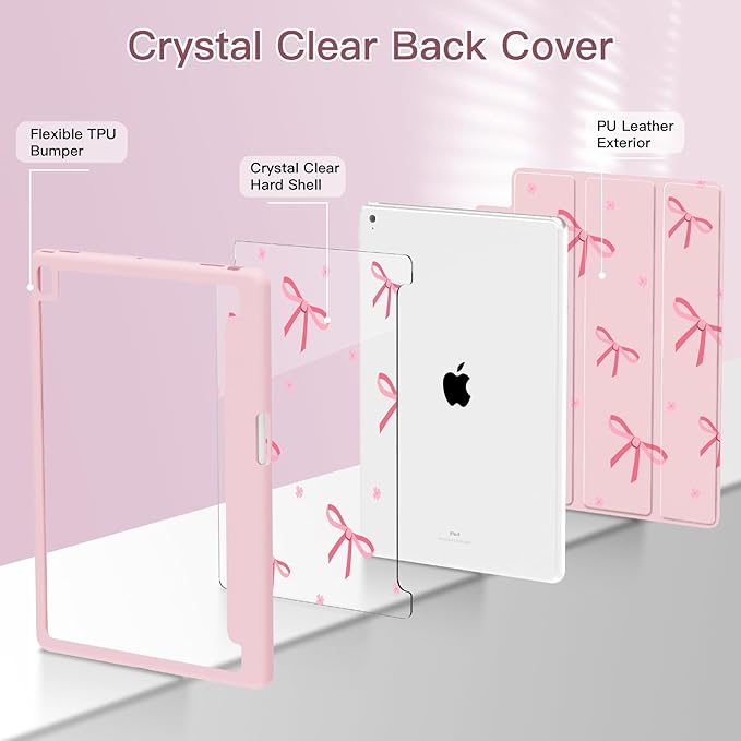 Teryeefi Case for iPad 9th Generation (2021) / 8th Generation (2020) / 7th Gen (2019) 10.2 Inch Kickstand PU + PC Clear Hard Shell Back Cover Protective Case with Built-in Pencil Holder (Pink Bow)