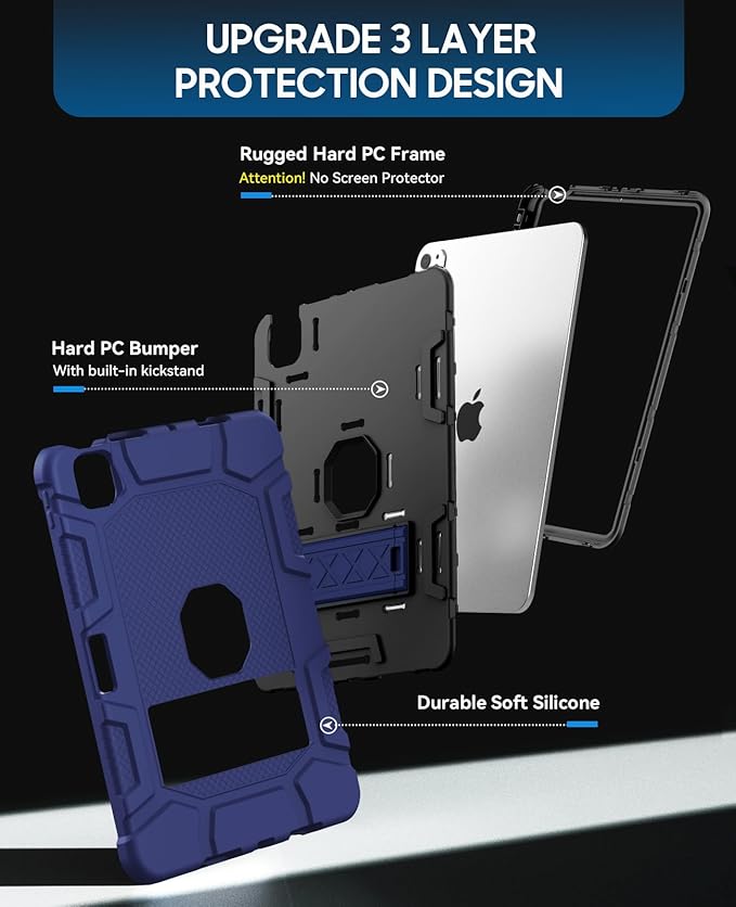Case for iPad Pro 11 Inch Case (M5 2025/ M4 2024) with Pencil Holder Built-in Stand Military Grade Shockproof Protective Cover for iPad Pro 11 (Navy Blue)
