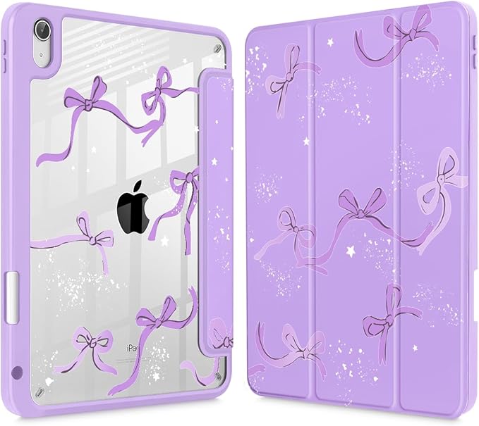Tuiklol Case for iPad 11 inch (A16 Chip) 2025 Generation 11th / iPad 10.9 inch 2022 10th Gen Buit in Pencil Holder with Shockproof Cover Clear Transparent Back Shell Auto Wake/Sleep Bow-Purple