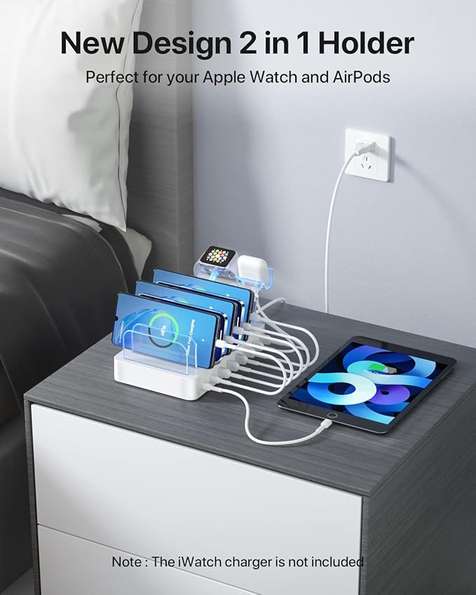 SooPii 8-Port USB-C Charging Station for Multiple Devices with 1 PD 20W Port Supports Fast Charging 8pcs Mixed Charging Cables and 1pcs Upgraded Holder for lWatch Charger &amp Air-Pods White