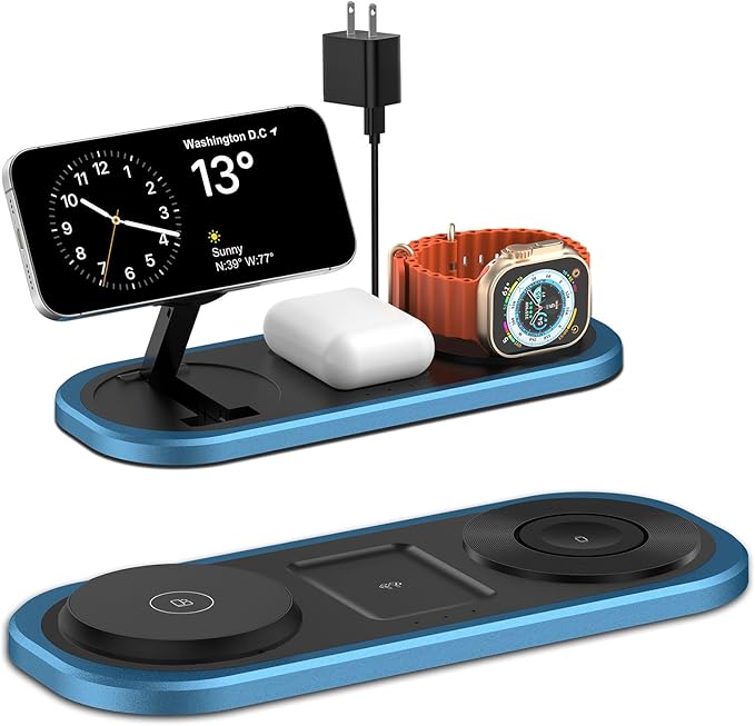 3 in 1 Fast Wireless Charger Stand for iPhone Foldable Travel Charging Station for Magsafe for iPhone 17/Air/16/15/14/13/12 Series Apple Watch Series AirPods pro/2/3/4 2025 Christ mas Gifts (Blue)