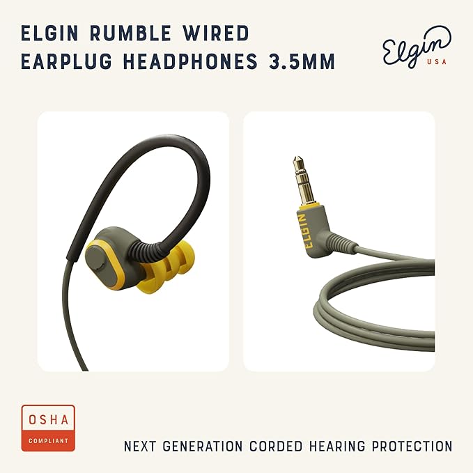 Elgin Rumble Wired Earplug Headphones with mic in-Ear Earbuds 3.5mm Jack 27 dB NRR IP67 Waterproof OSHA CompliantEarbuds Noise Isolating Hearing Protection Work Safety