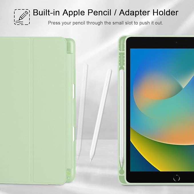 Tuiklol Case for iPad 10.2 Inch 2021 2020 2018 Release 9th / 8th / 7th Generation Built-in Pencil Holder TPU Protective Stand Back Cover Trifold Stand-Auto Wake/Sleep Bow-Green