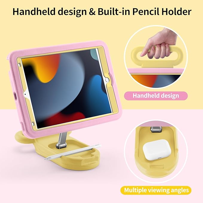 Kids Case for iPad 9th Gen 2021/ iPad 8th Gen 2020/ iPad 7th Gen 2019 Adjustable Portrait/Landscape Stand Drop Proof with HandleChild Friendly Cover for iPad 10.2 Inch (PinkYellow)