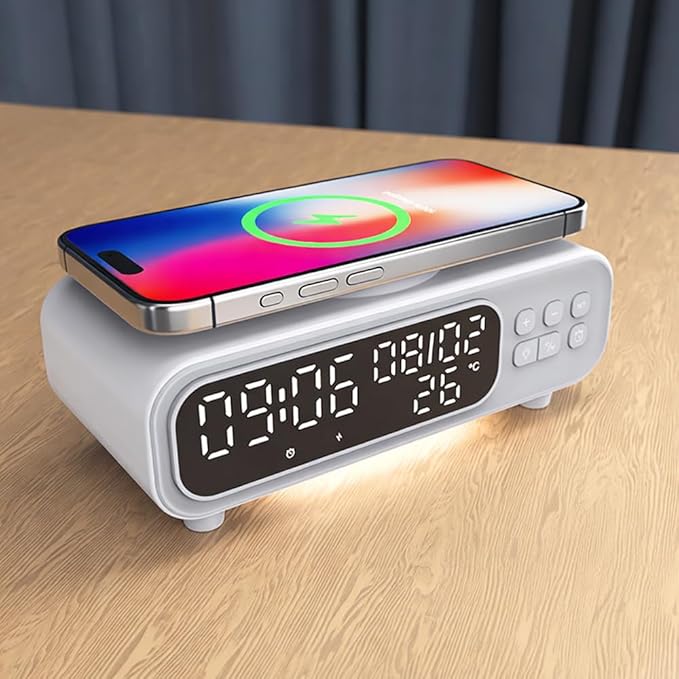 IHAO 5in1 Alarm Clock with Wireless Charging Night Light 15W Fast Charger for Phone and Headphone LED Digital Display with Date &amp Temperature Dimmable for Bedroom &amp Office-D15 Clock White