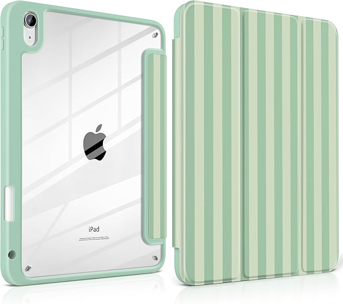 Case for iPad A16 11th Generation 11 inch 2025 iPad 10th Generation 10.9 inch 2022 -[Built-in Pencil Holder] Shockproof Clear Hard Back Trifold Stand Auto Wake/Sleep Green Striped