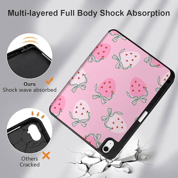 MEEgoodo for M4/M3/M2 iPad Air 11 inch Case 2026 2025 2024Case for iPad Air 5th Generation/iPad Air 4th Gen 10.9 inch 2022 2020 Tablet Cover with Soft TPU Back Shell Strawberry &amp Bow