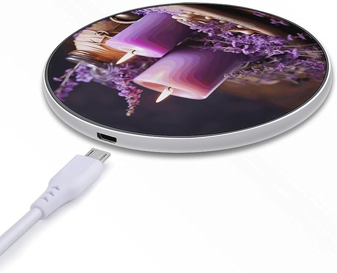 Purple Lavender with Candles Wireless Charger Fast Wireless Charging Pad with USB Cable 10W Anti-Slip Magnetic Wireless Charger Portable Slim Charger Puck Travel Charging Station