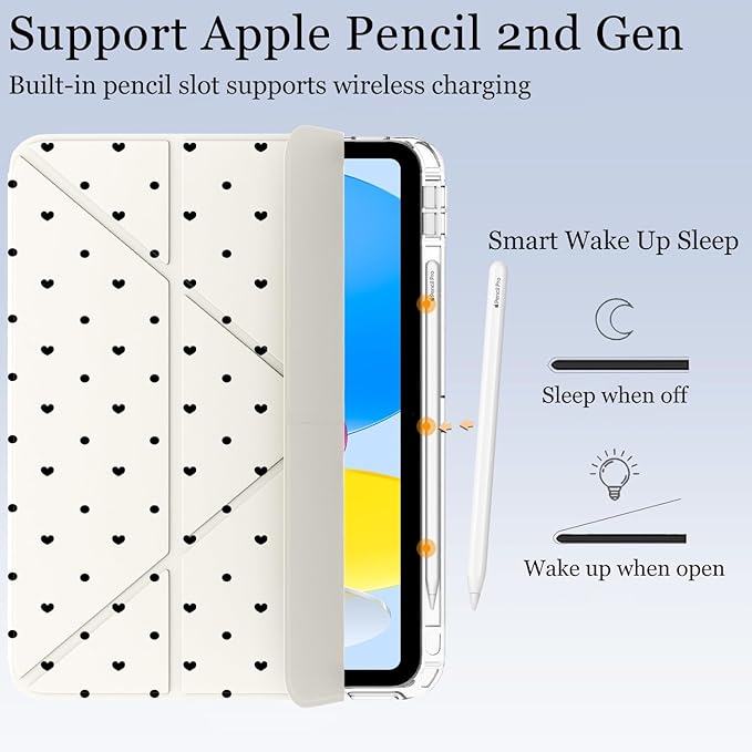 Cute Polka Dot Heart for iPad (A16) 11th/10th Generation Case 11 Inch/10.9 Inch 2025/2022 with Pencil Holder Auto Sleep/Wake White Leather Acrylic Back Detachable Cover