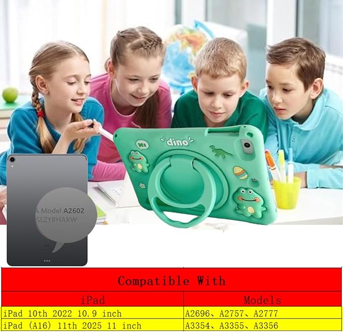 3D Cute Press Dinosaur Case for iPad 10th Gen (2022) 10.9 inch/iPad (A16) 11th 2025 11 inchCartoon Character Dinosaur Soft Silicone Rotating Stand Case with Lanyard for Kids Teens Girls Women