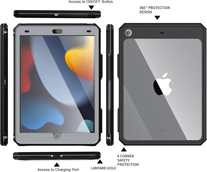 AICase 10.2 iPad 9th/ 8th/ 7th Generation 2021/2020/ 2019 IP68 Waterproof Case with Lanyard Built-in Screen Protector Rugged Waterproof Shockproof Case for Apple ipad 10.2 iPad 9th 8th &amp7th Gen