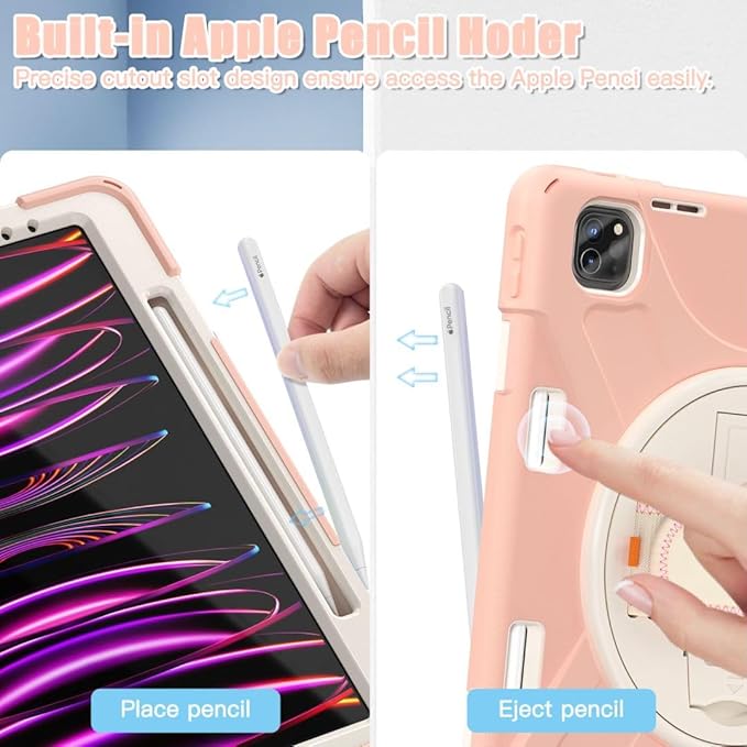 BRAECNstock Case for Apple iPad Air 13 inch (M4/M3/M2)/ iPad Pro 12.9 inch 6th/5th/4th/3rd Gen Shockproof Protective Case with Pen Holder 360° Rotating Stand &amp Hand Strap Shoulder Strap Rose G