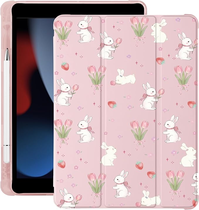 Cute Kawaii Bunny Flower for iPad Pro 11 Inch Case (M5/M4) 2025/2024 with Pencil Holder Auto Sleep/Wake Pink Leather Soft TPU Back Cover