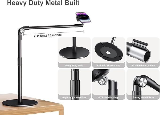 elitehood Heavy Duty Aluminum Overhead Phone Stand 15 in Long Arm iPhone Holder for Video Recording 360 Degrees Swivel Tilt Overhead Phone Mount for Filming Meeting Cooking Painting and Crafting