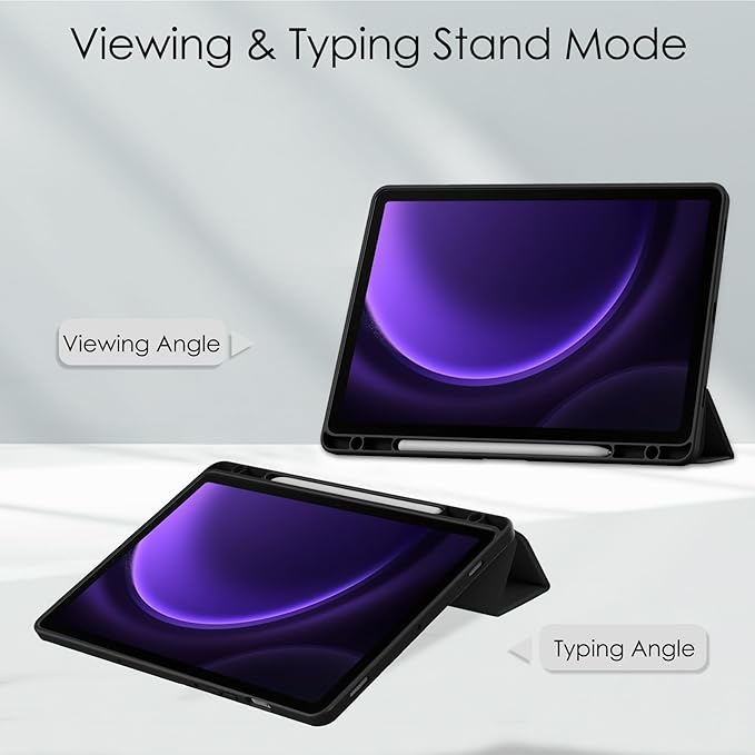 for Samsung Galaxy Tab S10 Lite/ S10 FE/ S9 FE 10.9 Inch Tri-Fold Smart Tablet Case with Pen Holder Shockproof Protective Cover W Transparent Back Shell Auto Wake/SleepBlack