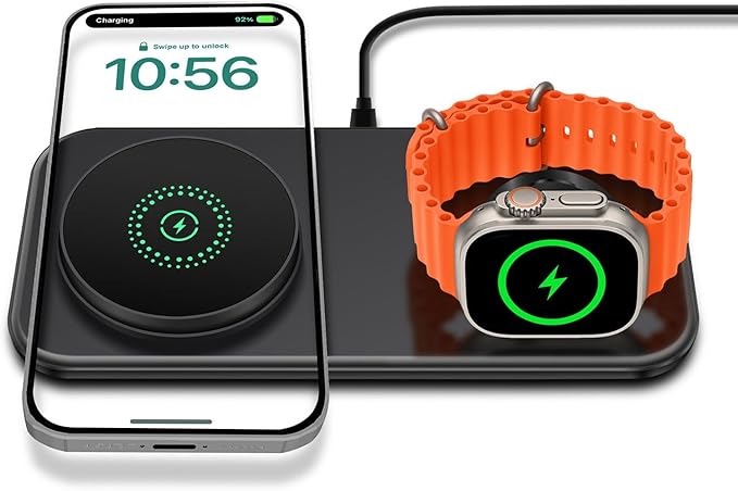 2 in 1 Wireless Charging Station for Mag-Safe Magnetic Wireless Charger Pad 15W Fast Charge for iPhone 17 Pro Max/17 Air/16/16 Plus/15/14/13/12AirPods Pro 3Apple Watch SeriesBlack