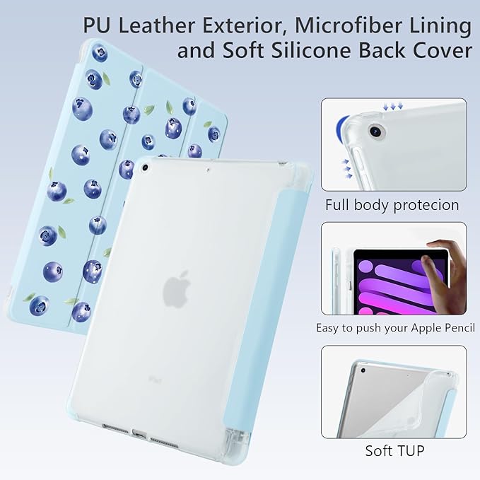 Cute Blueberry for iPad Air 11 Inch Case 7th/6th Generation (M3/M2) 2025/2024 with Pencil Holder Auto Sleep/Wake Blue Leather Soft TPU Back Cover