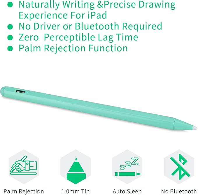 iPad 10th/9th/8th Generation 10.2 Stylus Pencil with Palm RejectionType C Charge 1.5mm POM Tip Active Drawing Writing Pen Compatible with Apple Pencil for iPad Pen 10.2-Inch 10th/9th/8th Green
