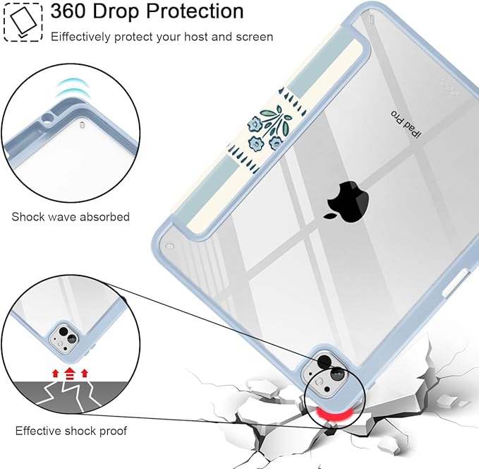 Mektron Case for M5/ M4 iPad Pro 11 inch 2025/2024 with Pencil Holder Compatible Models: A3357/A3358/A3359/A2836/A2837/A3006 Shockproof Cover Clear Shell Patchwork Floral