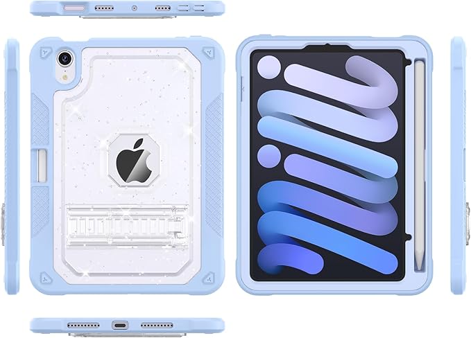 Case for iPad mini A17 Pro for iPad mini 7th/6th Generation Case 8.3 inch 2024/2021 with Pencil Holder/Stand Slim Cover for i Pad Mini 7/6 (Clear Glitter/SkyBlue)