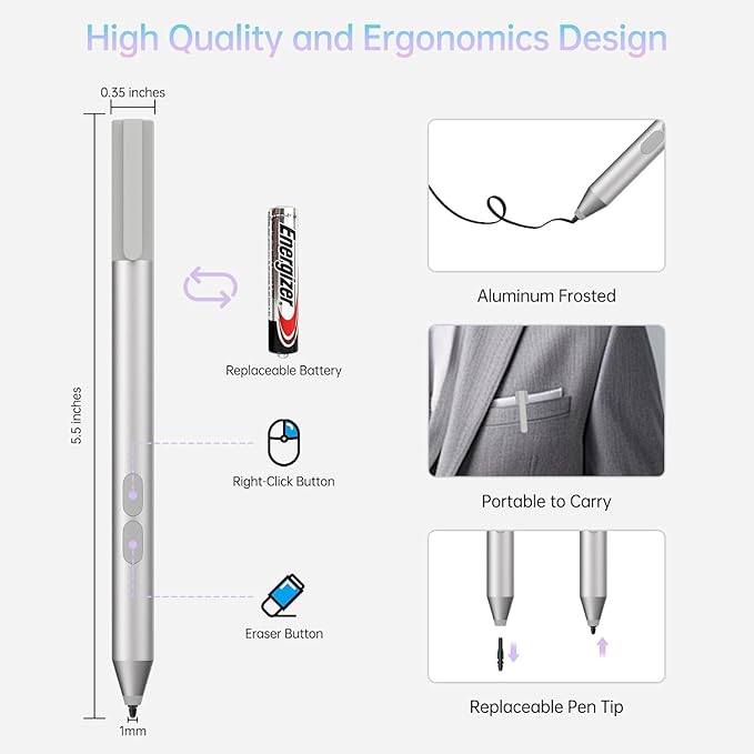 Pen for Surface Pro 11 2500 Working Hours 1024 Pressure Eraser &amp Right-Click Palm Rejection for Surface Pro 11/10/9/8/X/7+/7/6/5/4/3 Surface Go 1-4 Surface Laptop/Studio/Book 1-5 Kobo eRead