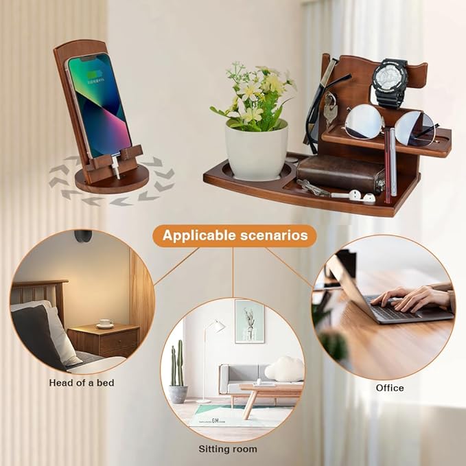 Gifts for Men Fathers Day Wood Phone Docking Station for Dad Desk or Nightstand Organizer Mens Gifts for Husband Birthday Gifts for MenGifts for Fathers Day Key Holder Wallet Watch &amp Essent