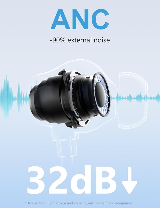 Rythflo Active Noise Cancelling Headphones Wireless in Ear Neckband Blutooth Headphones with 3 AI Mics ENC 60Hrs Playtime V5.3 Multipoint Connection Magnetic Earbuds for Work/Travel/Home/Office