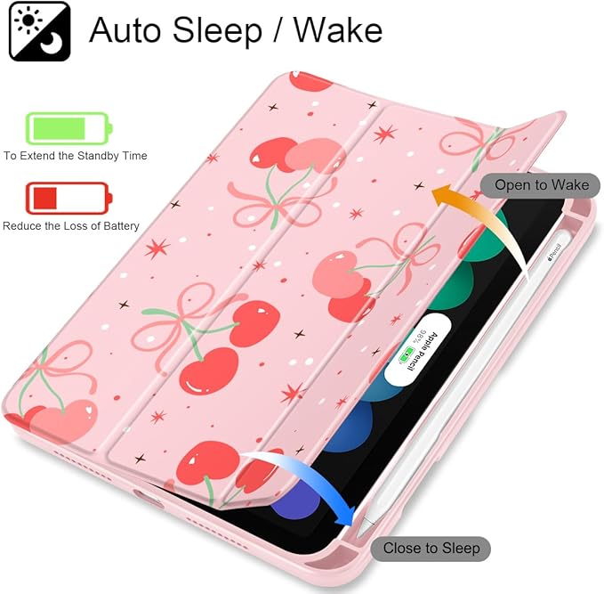 May Chen Slim Case for iPad mini 7 (A17 Pro 7th Generation) 2024 / iPad mini 6 (6th Gen) 8.3 Inch [Built-in Pencil Holder] Shockproof Cover Clear Clear Back Shell Auto Wake/Sleep Coquette Cherry