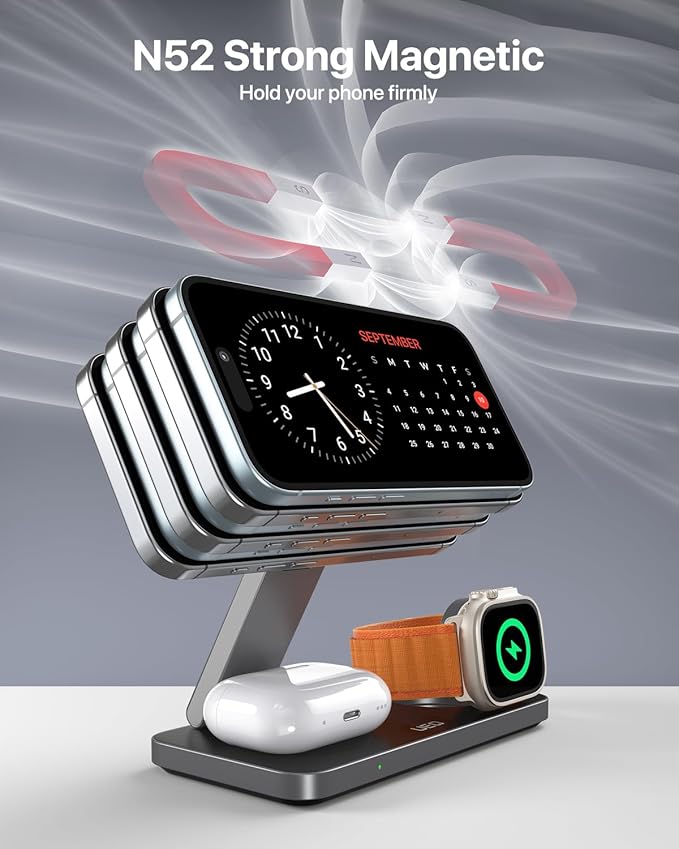 3-in-1 Charging Station for Apple DevicesQI2.2 25W Ultra-Fast Magnetic Wireless Charger StandCompatible with MagSafeFoldable Travel Charger for iPhone Air/17/16/15/14/13/12Apple WatchAirPods