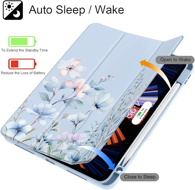 May Chen for iPad Pro 11 inch M2 4th Generation 2022 iPad Pro 11 3rd/2nd/1st Gen Case with Transparent Shockproof Back Cover [Built-in Pencil Holder Auto Sleep/Wake Blue Wild Flowers
