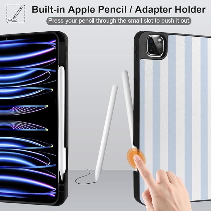 DONGKE Case for 2022/2021/2020/2018 iPad Pro 11 inch Gen 4/3/2/1 - Slim Protective Case - Built in Pencil Holder Support Charging - Trifold Stand &amp Sleep/Wake Cover- Blue Stripes