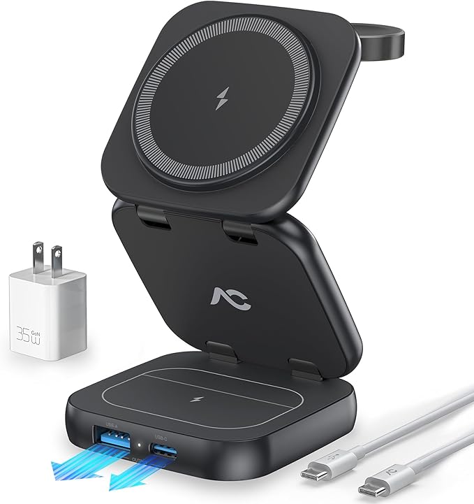5-in-1 Wireless Charger for MagSafe AC ISLAND Portable Travel Charging Station 35W Max Fast Foldable Magnetic Stand Evolved for iPhone 17-12 &amp Air Series Apple Watch AirPods (with 35W Adapter