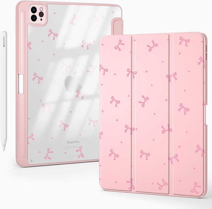 Cute Kawaii Pink Bow for iPad Air 11 Inch Case 7th/6th Generation (M3/M2) 2025/2024 with Pencil Holder Auto Sleep/Wake Pink Leather Clear Acrylic Back Cover