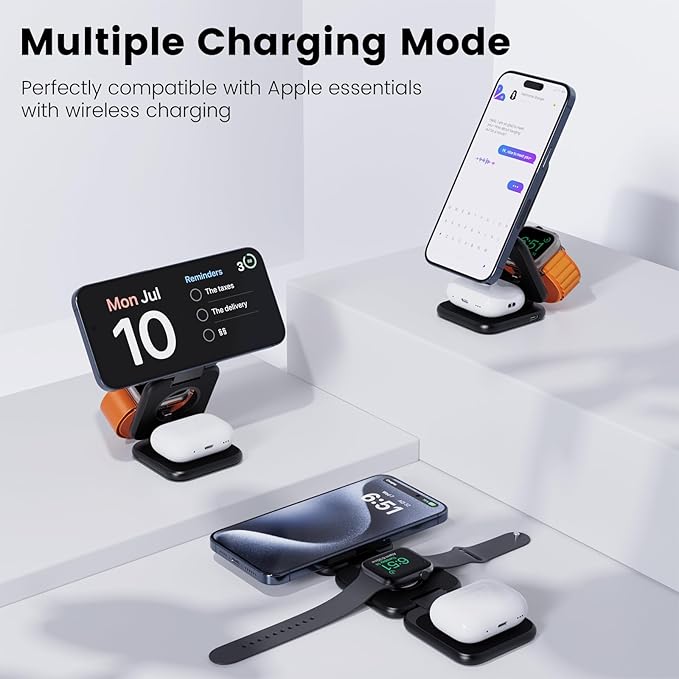 KU XIU X55 Plus 3 in 1 Charging Station for Apple Devices Magnetic Foldable Wireless Charger 15W Fast Charging Pad for iPhone 17/16/15/14/13/12 for Apple Watch for AirPods 4/3/2/Pro- Black