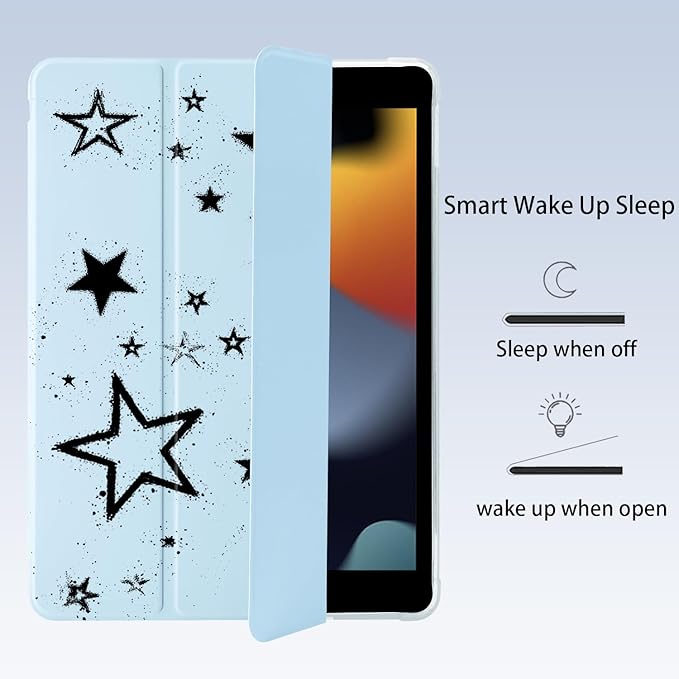 Cute Y2K Black Star for iPad Pro 11 Inch Case (M5/M4) 2025/2024 with Pencil Holder Auto Sleep/Wake Blue Leather Soft TPU Back Cover