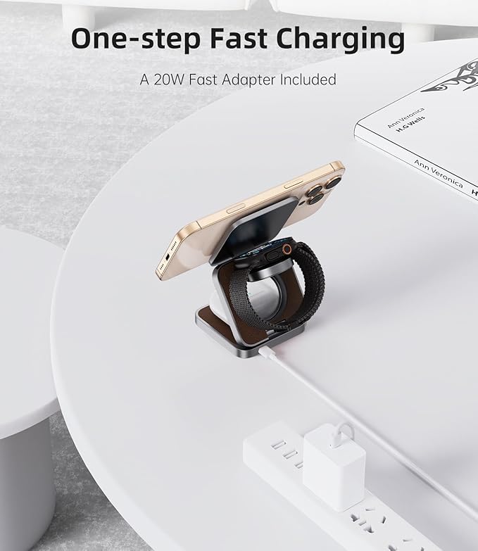 Foldable Magnetic Wireless Charger KU XIU Aluminum Alloy 3 in 1 Charging Station for Apple Fast Charging Travel Charger for iPhone 17 16 15 14 13 5W for Apple Watch Ultra AirPods Leather Texture