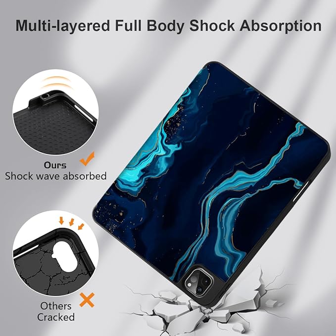 DONGKE Case for 2022/2021/2020/2018 iPad Pro 11 inch Gen 4/3/2/1 - Slim Protective Case - Built in Pencil Holder Support Charging - Trifold Stand &amp Sleep/Wake Cover - Blue Marble