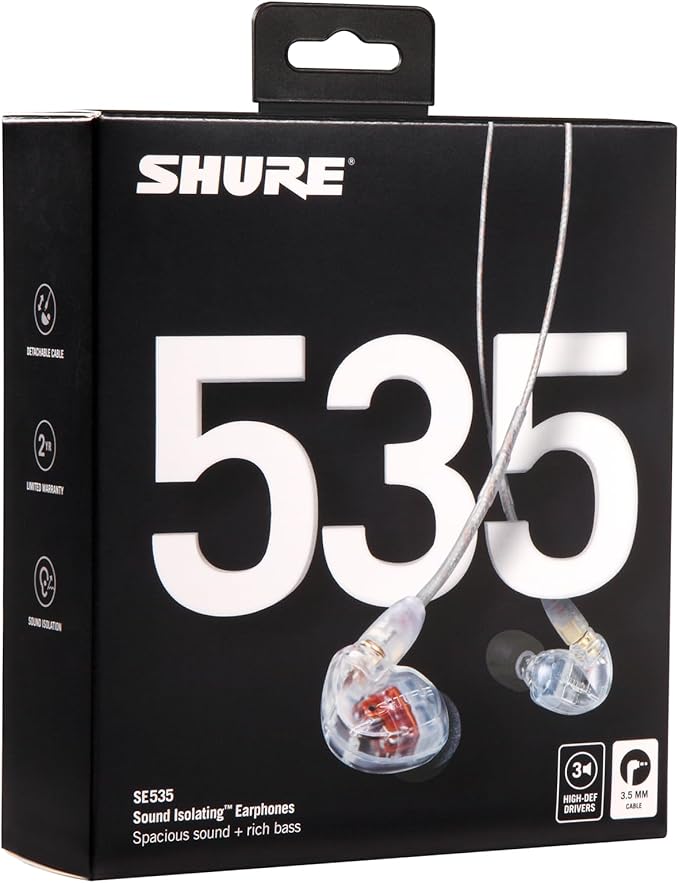 Shure SE535-CL Professional Sound Isolating Earphones High Definition Sound + Natural Bass Three Drivers in-Ear Fit Detachable Cable Durable Quality - Clear