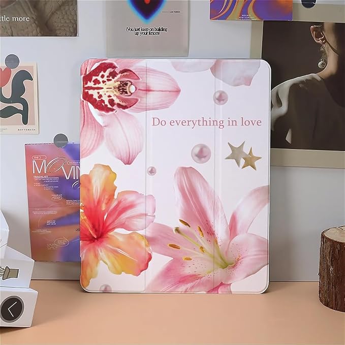 Pink Lilies and Hibiscus Flowers Case Compatible with IPad 9th 8th 7th Generation 10.9 Inch 2021/2019/2018Funny Cover with Trifold Stand + Pencil Holder for Boys GirlsiPad Air6 13inch 2024