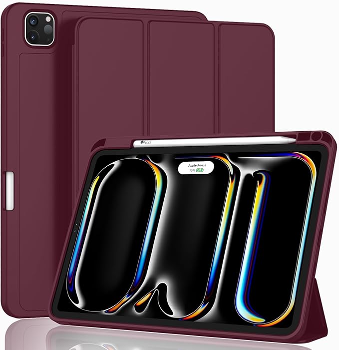 ZryXal New iPad Pro 13 Inch Case (M5) 2025 / (M4) 2024 with Pencil Holder Smart iPad Case [Support Pencil Pro and Pencil (USB-C)] Support Touch ID and Auto Wake/Sleep (Wine)