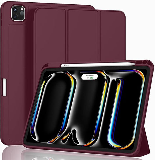 ZryXal iPad Pro 11 Inch Case (M5) 2025/ (M4) 2024 (Model: A2836/A2837/A3006) Trifold Stand Smart Cover with Pencil Holder and Soft TPU Back Auto Wake/Sleep (Wine)