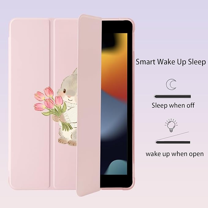 Cute Kawaii Bunny Flower for iPad 7th/8th/9th Generation Case with Pencil Holder Auto Sleep/Wake Pink Leather Soft TPU Back Cover for iPad 10.2 Inch 2019/2020/2021