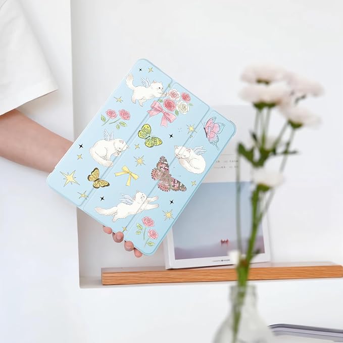 Cute Kitten Cat Butterfly for iPad Pro 11 Inch Case 4th/3rd/2nd Generation 2022/2021/2020 with Pencil Holder Auto Sleep/Wake Blue Leather Soft TPU Back Cover