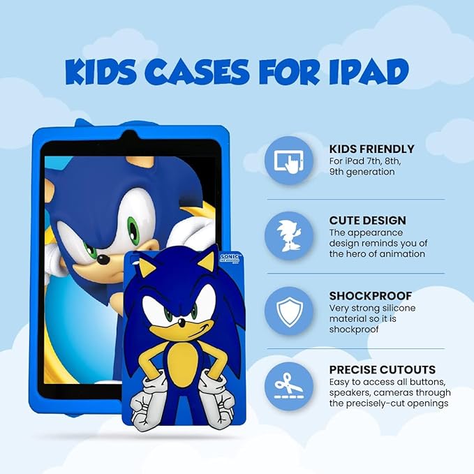 Sonic The Hedgehog Silicone Back Case Compatible with iPad 9th/8th/7th Gen (2021/2020/2019) Anti-Slip Soft Rubber Protective Cover (Sonic Design)