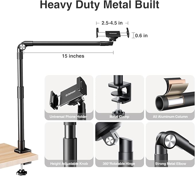 elitehood Aluminum Arm Phone Holder for Bed [360° Swivel Tilt Rotation] Adjustable Bedside Phone Holder Laying Down iPhone Stand for Bed Desk Overhead iPhone Clamp Mount Fit All 4-7’’ Cellphone