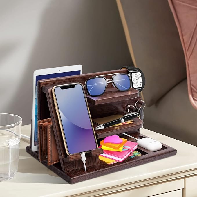 Wood Phone Docking Station - Gifts for Men Desk or Nightstand Organizer - Birthday Gifts for Husband Fathers Day for Dad - Anniversary Idea from Wife - Key Holder Stand Wallet Watch &amp Essential
